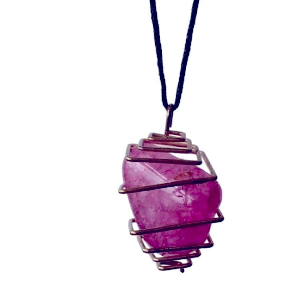 Gemstone Necklace Gold Tone Spiral Cage Pink Stone Rope Chain